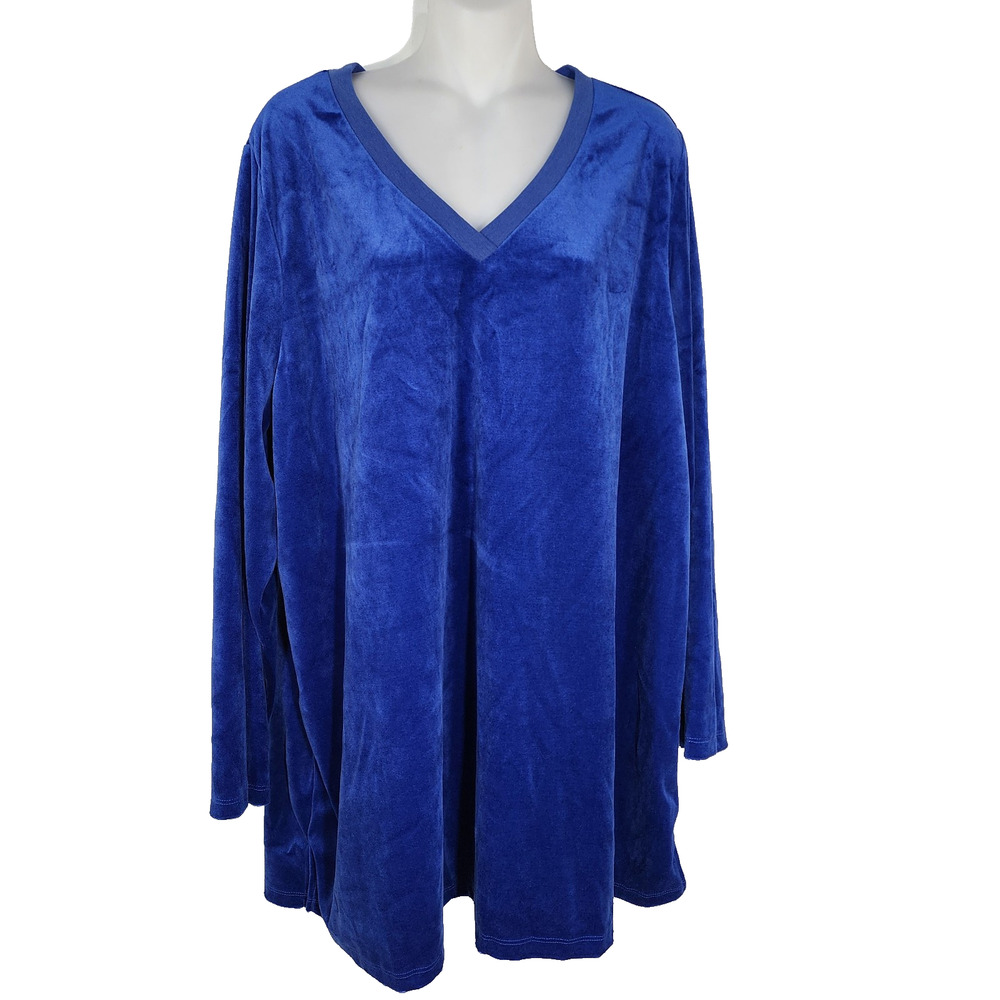 Roaman's Tunic Top Woman's Size 22/24 1X Blue Velour Velvet Long Sleeve V Neck
